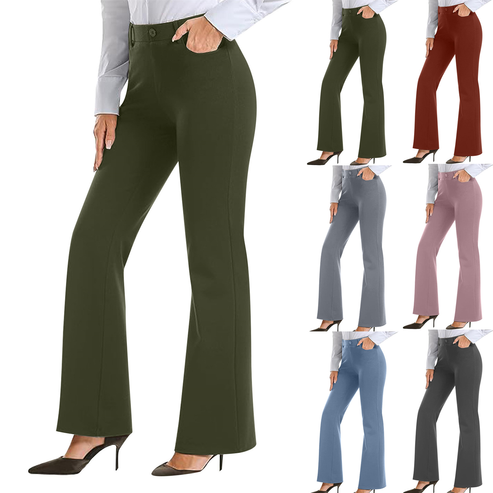 Amazon Spring and Autumn Women's Business Casual Work Pants with Pockets Regular Flared Long Pants Commuting Style Casual Pants