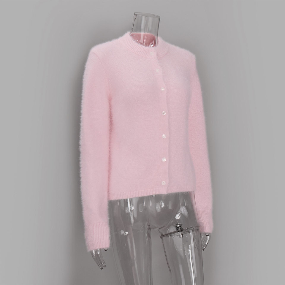 Áo khoác cardigan len nữ dáng ôm cổ tròn tay dài một hàng cúc chất liệu lông mềm mại — Màu hồng, Màu trắng, Màu xám nhạt, Xanh đậm chi tiết 38