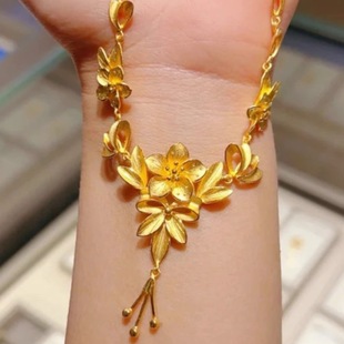 Vietnamese Sand Gold Ancient Style Three-Life Flower Tassel Necklace Imitation Gold Pendant Wedding Three-Gold Jewelry for Women New Model