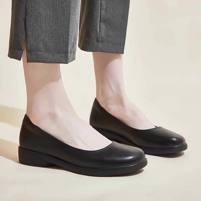 둥근 발가락 낮은 굽 3cm 두꺼운 밑창 여성용 펌프 가죽 신발 플랫 블랙 여성 신발 부드러운 밑창 작업 편안한 작업 신발