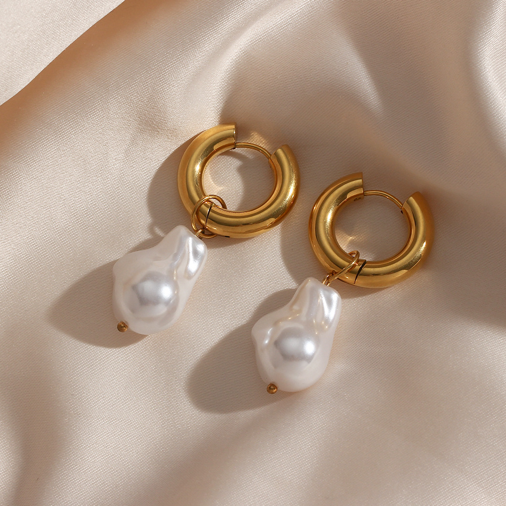 304 Stainless Steel Ear Needle Material PVD Coated Real Gold Plated 18K Gold Irregular Water Droplets 304 Stainless Steel Imitation Pearl Retro Waterproof Non Tarnish Earrings
