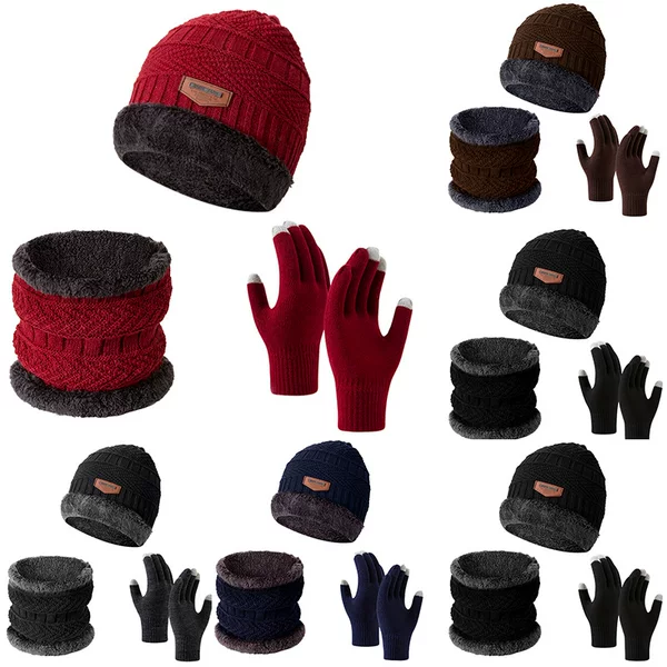 Winter Cross-Border Hat, Scarf, Gloves, Three-Piece Set, Warm and Cold-Proof, Cycling, Security Student, Knitted Touch Screen