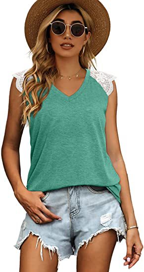 Abbigliamento da donna 2024 T-shirt canotta allentata in pizzo patchwork da donna estivo 2024 con maniche volanti_voghion.com