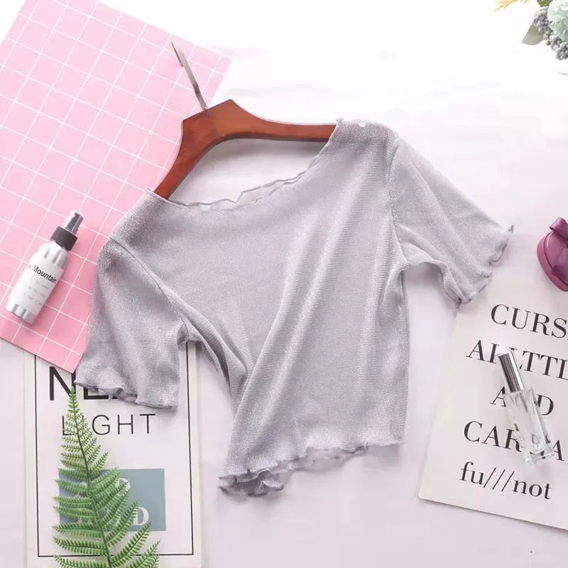 Женская рубашка с кружевной основой и рюшами, летний тонкий сетчатый топ с короткими рукавами и круглым вырезом.