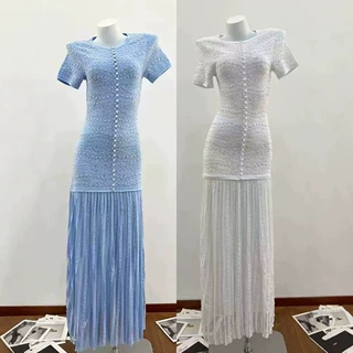 法式小众重工钉珠短袖连衣裙刺绣修身气质夏季新款小香风优雅长裙