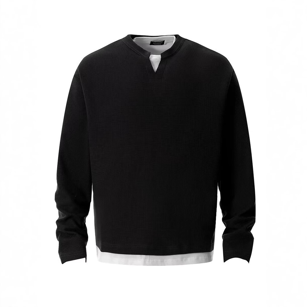 Men's Clothing Waffle Knit Henley Neck Long Sleeve T-Shirt With Double-Layered Collar & V-Neck Design - Casual Loose Fit Pullover For Everyday Wear_voghion.com