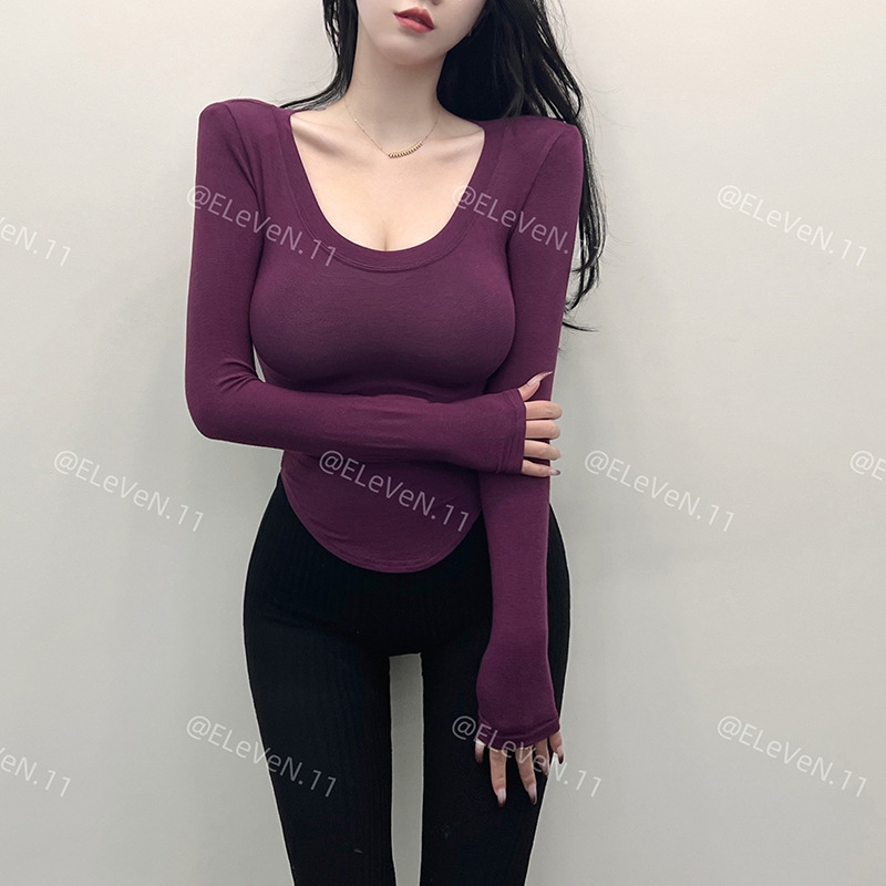 Love These Colors! Slimming Base Sexy Slightly Sheer Slim-Fit Long-Sleeve T-Shirt with Shoulder Pads for Women Ins