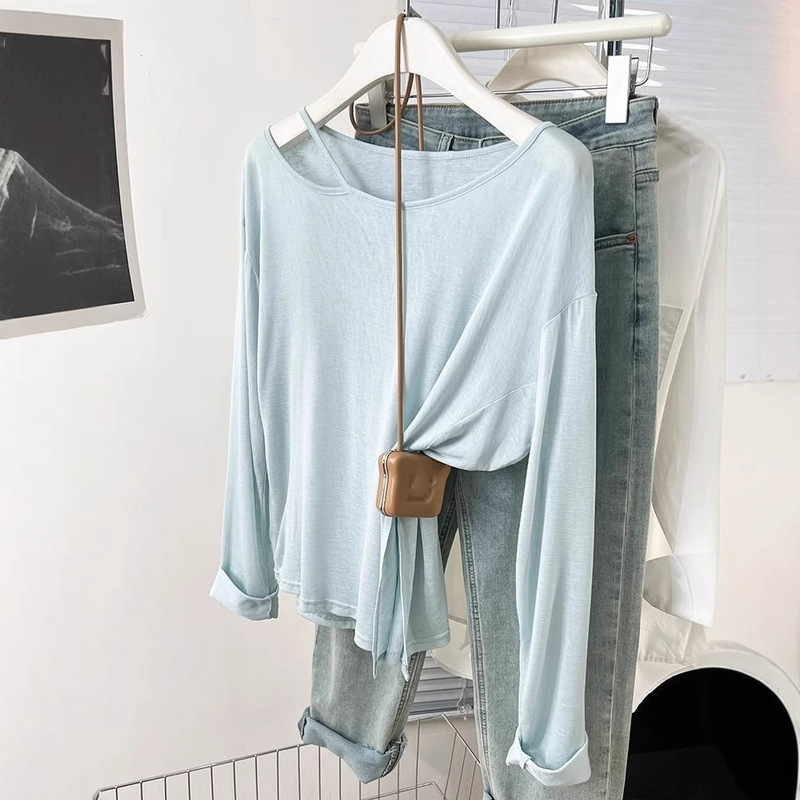 Thin Open Shoulder Long-sleeved T-shirt Women's 2025 New T-shirt Loose Blue Hollow Blouse Top