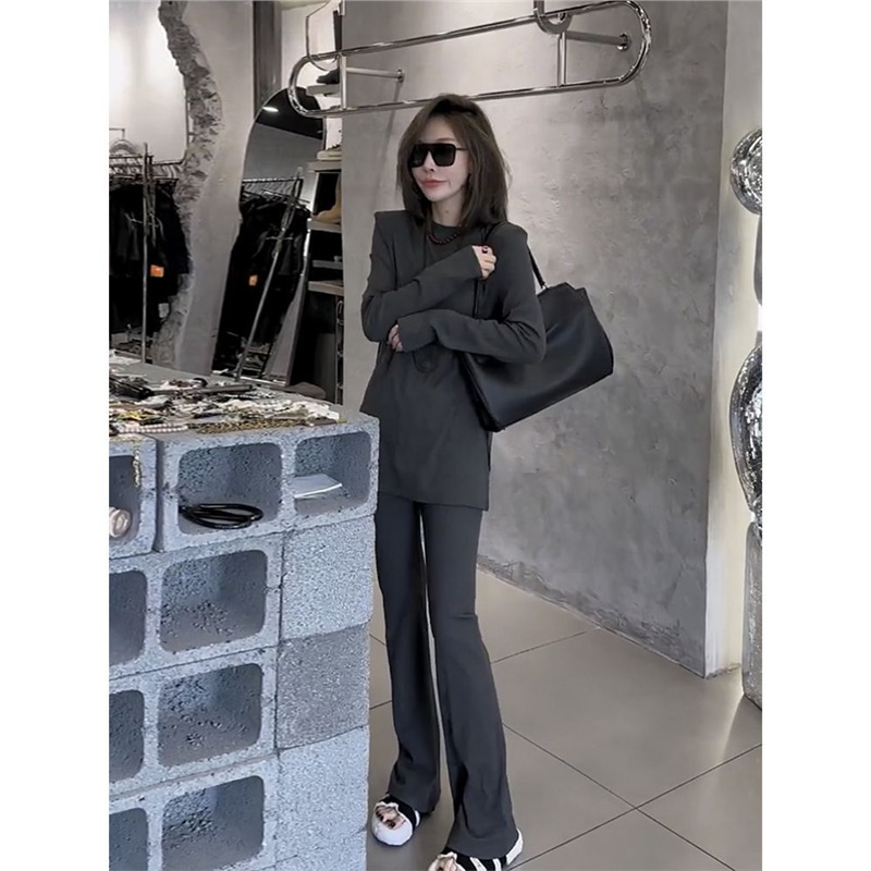 高级感欧货时尚套装女2025夏季新款开叉下摆套头上衣微喇裤两件套|undefined