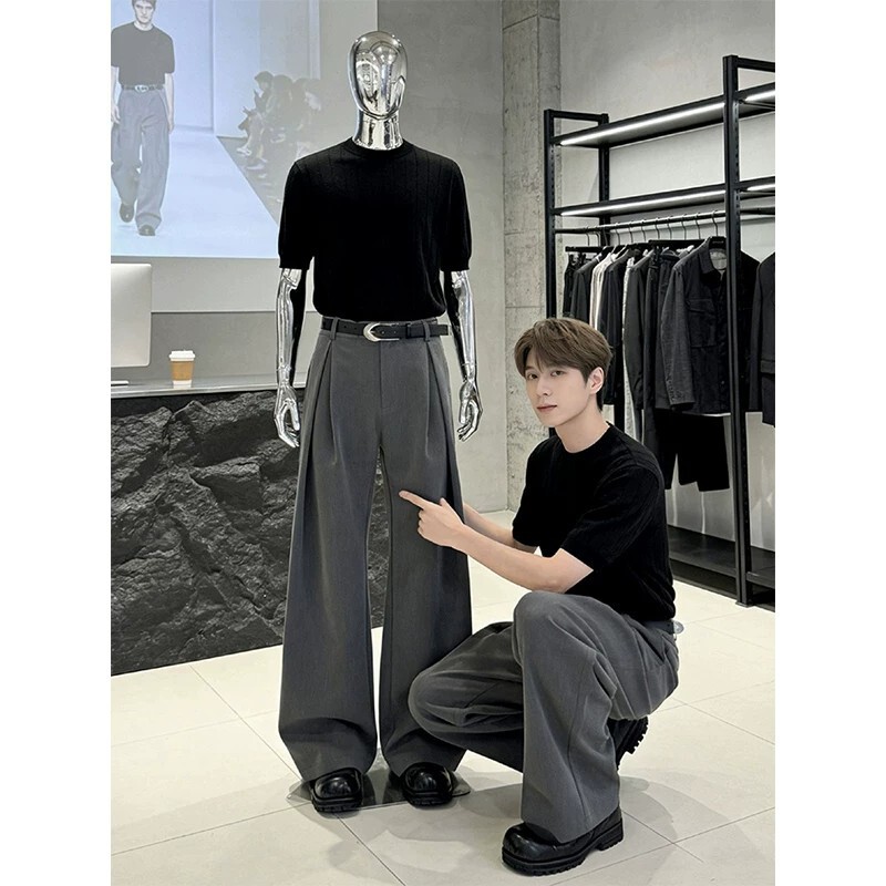 Gray Old Money Style Pleated Men's Trousers, Summer Drapey High-End Wide-Leg Pants, Cleanfit Scimitar Pants Gray Old Money Style Pleated Men's Trousers, Summer Drapey High-End Wide-Leg Pants, Cleanfit Scimitar Pants