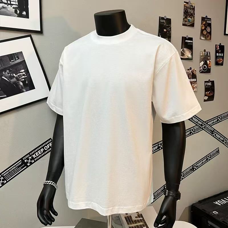 2025 pesado pequeño cuello europeo y americano hombro caído camiseta de manga corta hombre de color sólido casual pareja casual in-sleeve top