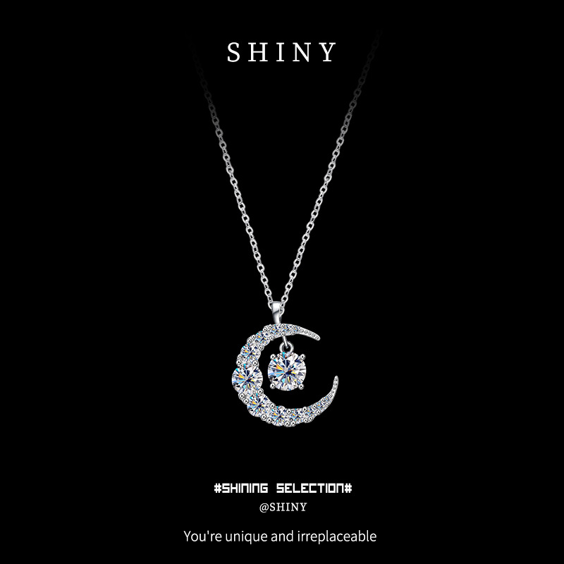 Star and Moon Silver Necklace for Women, High-End Versatile Light Luxury Niche Design, Ins-Style Moissanite Factory Wholesale