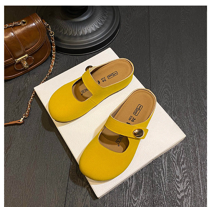 Dép nửa gót Mary Jane nữ mũi tròn mềm mại, đế dày tăng chiều cao 5 cm — Kaki (nửa kéo), Màu vàng (nửa dép) chi tiết 29