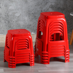 Plastic Stool Chair Bench Household High Stool Square Stool Wholesale Red Thickened Stool Plastic Stacked Silk Flower