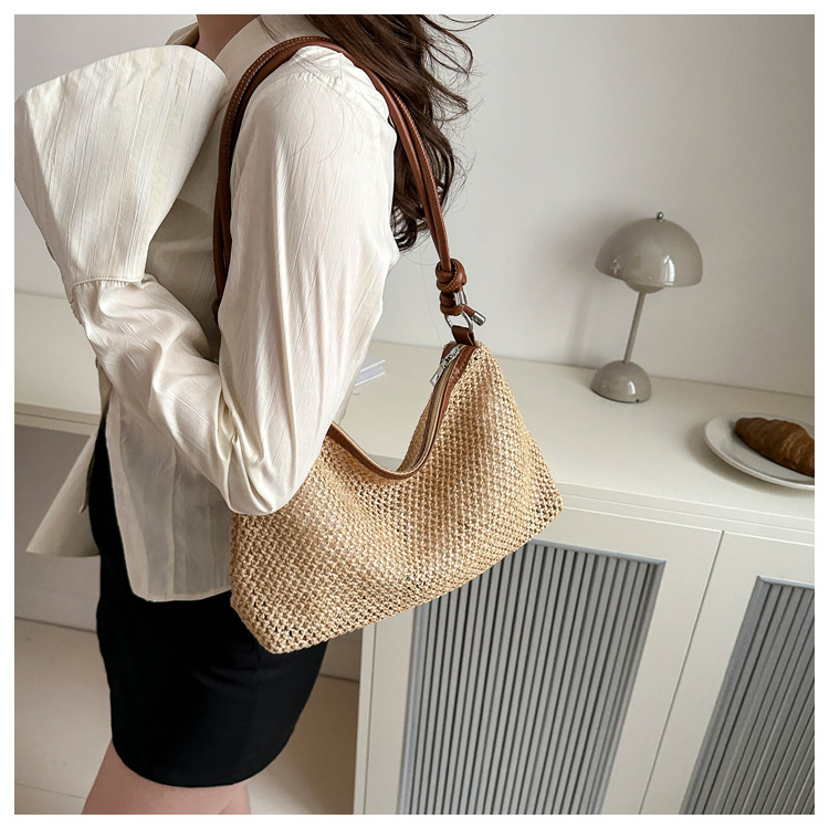 114g Weight Polyester Lining Material Weave Fashion Element Zipper Closure Type Single Shoulder Strap Strap Type Underarm Bag Bags Type Daily, Street, Shopping Occasion Straw Material New Year Festival Solid Color Pattern All Seasons Season Women's Gender Streetwear Style Square Shape Large Size Women's Large Straw Solid Color Streetwear Weave Square Zipper Underarm Bag 6