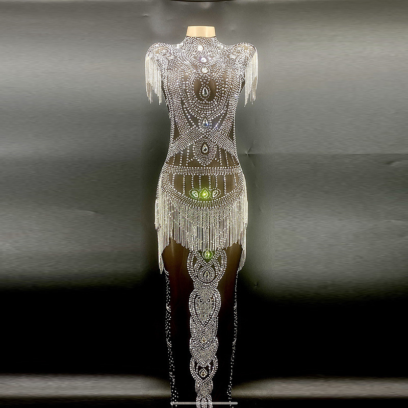 Birthday Costume Diamond Long Dress Luxury Clothing 2024 Elegant Sleeveless Tassel Crystal Beaded Cocktail Dress Sparkly