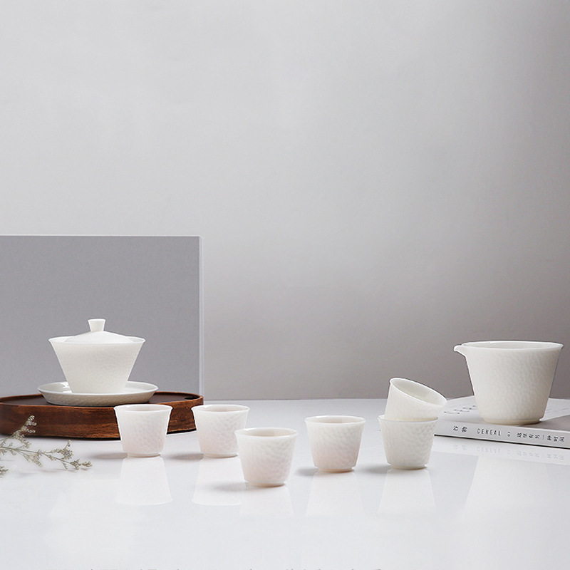 Luz de lujo Kung Fu porcelana blanca Dehua grasa de cabra de jade tetera taza de té cubierta tazón de alta calidad oficina en el hogar caja de regalo