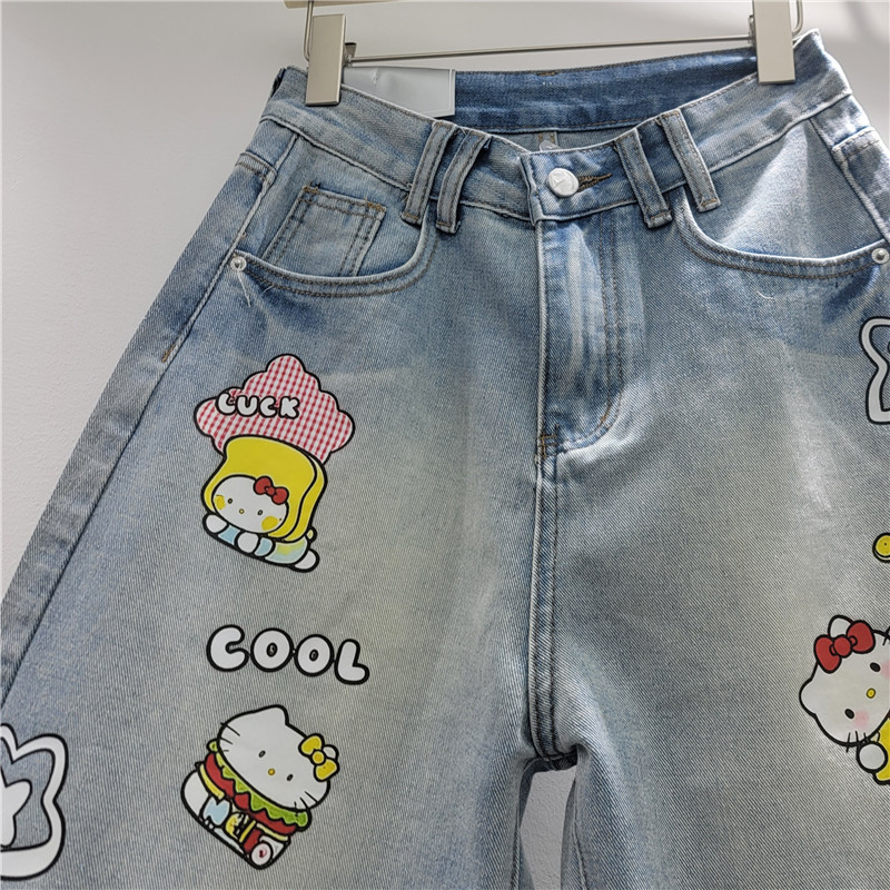 Pantalones Cortos Jeans de Pierna Ancha para Mujer de Denim, Estampado, Cintura Media, para Uso Diario image 3