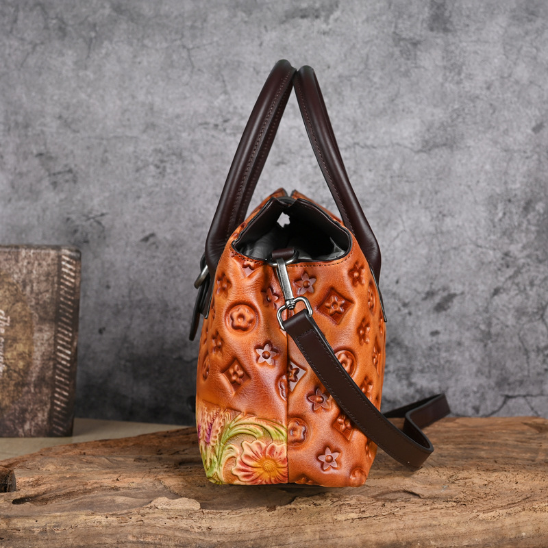 Túi xách nữ da thật dập nổi phong cách Trung Hoa cổ điển 33×10×19 cm — Xanh lá cổ điển
