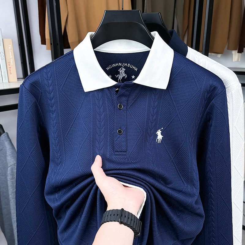 Spring and Autumn New Heavyweight Men's T-Shirt with Turn-Down Collar, Light Luxury Exquisite Embroidery, Versatile Fashion Long-Sleeve Men's T-Shirt