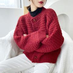 韩版秋冬新款宽松显瘦复古慵懒麻花牛角扣针织开衫上衣毛衣女外套