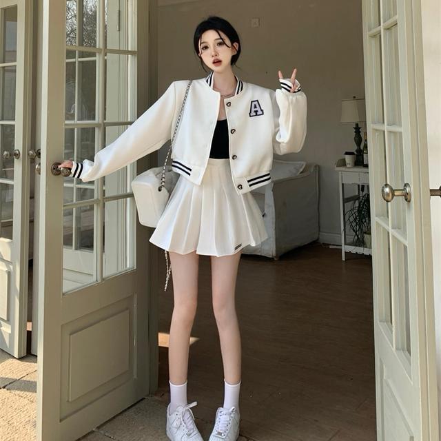 Suit Women's Loose High-End Preppy Style Baseball Uniform Casual Sports Bf Style Jacket Pleated Skirt Two-Piece Retro Set