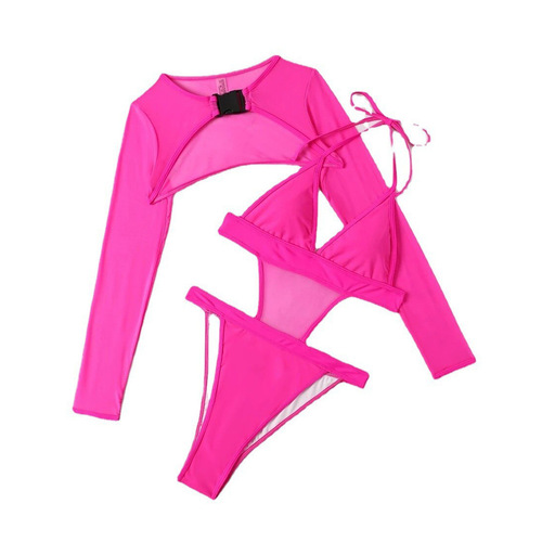 Multicolored Sexy Triangular One-Piece Swimsuit for Women, European and American Style Long-Sleeved Sheer Hot Spring Bikini Set