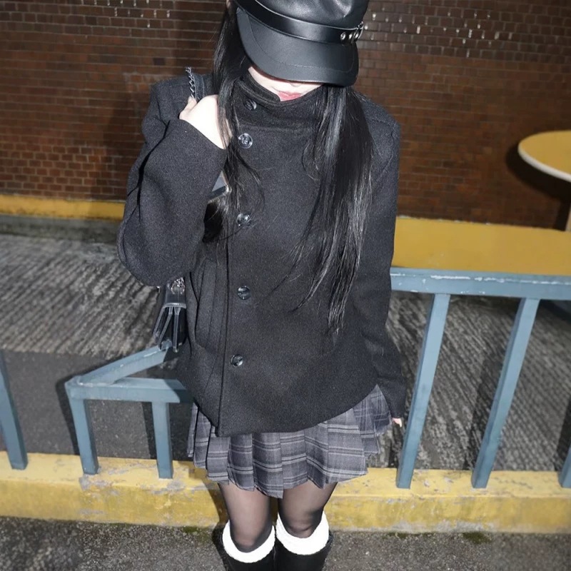 y2k风格上衣女秋冬立领斜扣黑色外套女小个子韩系宽松显瘦古早款