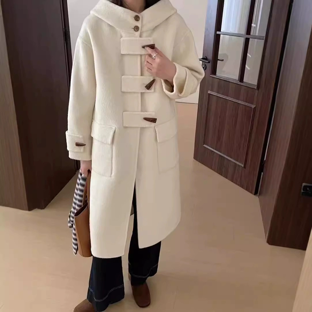 Новая женская шерстяная куртка-пальто в корейском стиле, осень-зима 2025, двусторонняя, с пуговицами-защелками, средней длины, свободного кроя