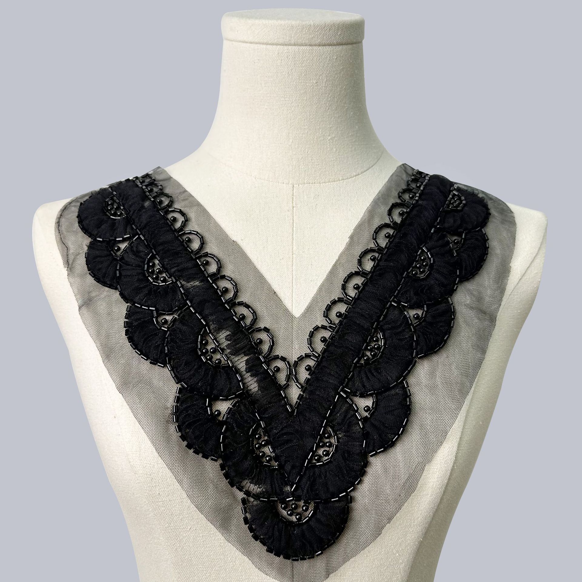 Perlas de tubo hechas a mano negro y blanco hilo de malla de encaje flor de cuello V DIY vestido de mujer camisa de cabina accesorios de encaje image 2