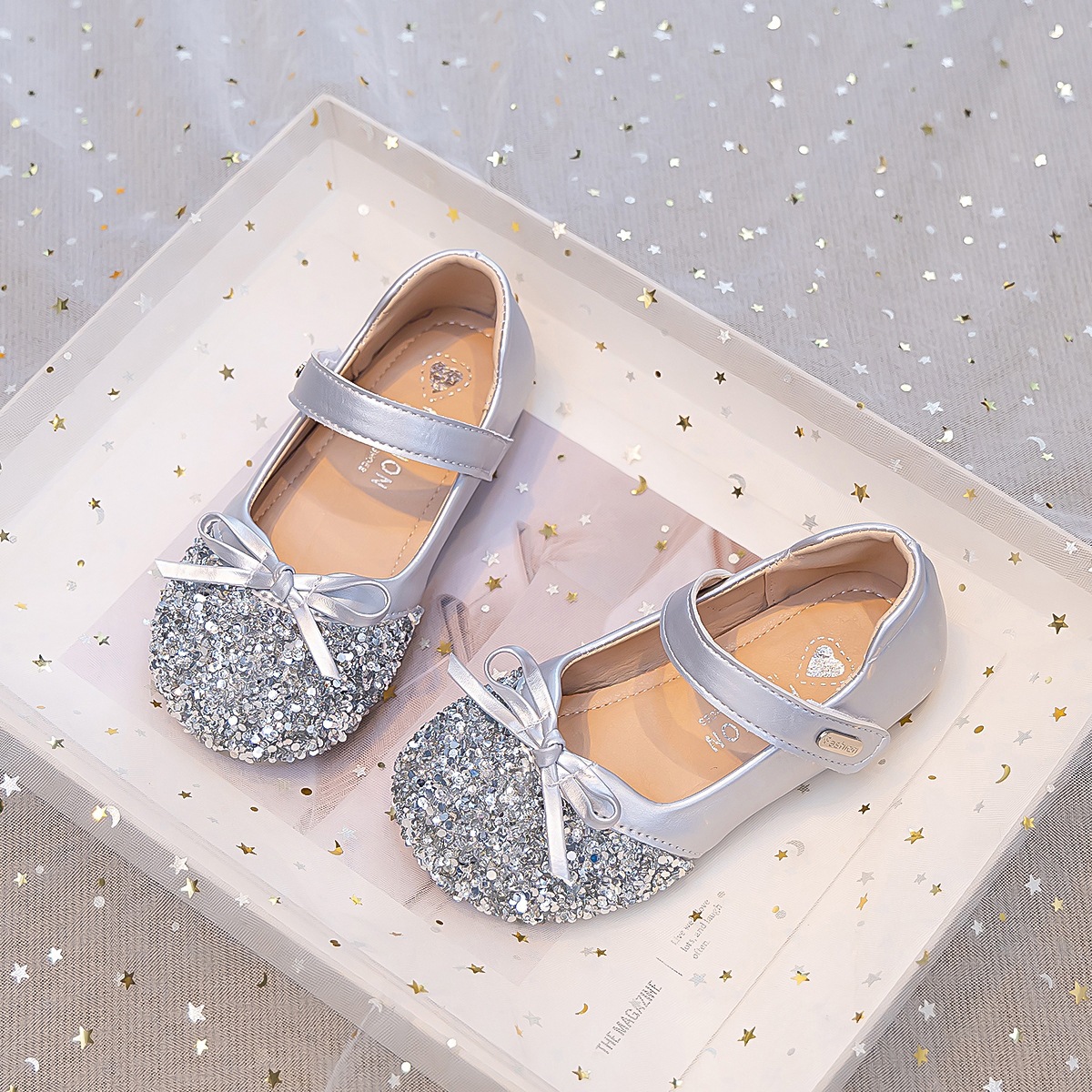 Prinzessinnenschuhe für Mädchen, silberglitzernde Ballerinas mit Schleife, weiche Sohle, rutschfest, Kleinkinderschuhe_voghion.com