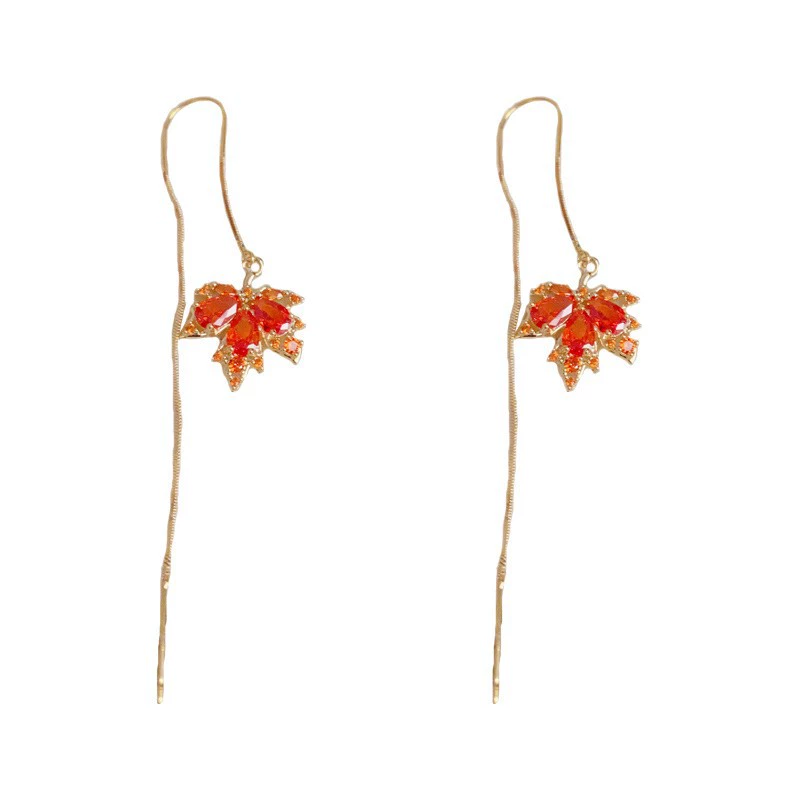 Long Maple Leaf Earrings, Red Tassel Dangle, Light Luxury Style, Universal Fit