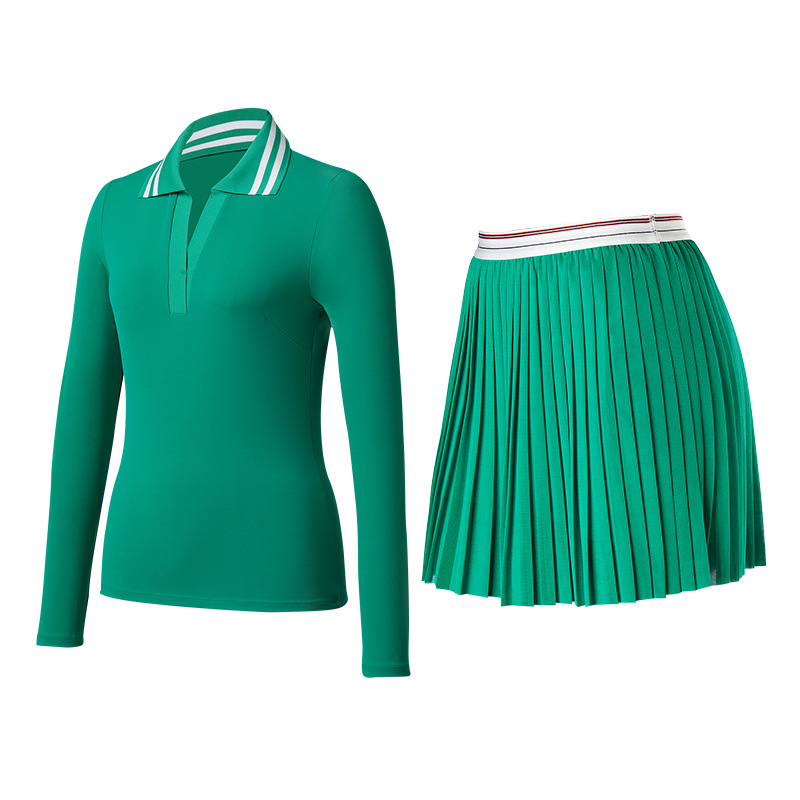 Trajes deportivos transfronterizos de mujer con solapa de mangas largas secas rápidas y delgadas, camisas de polo de cuello en V, chaqueta de fitness, falda de tenis delgada