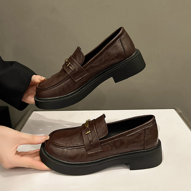 Damesloafers met dikke zool, groothandel, herfst, nieuwe veelzijdige instapschoen met zachte retro ronde neus, leren schoenen_voghion.com