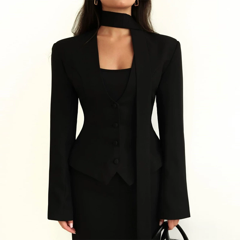 Европейская и американская трансграничная женская одежда 2025, новая мода, однотонный шарф с v-образным вырезом, украшенный длинными рукавами, повседневный маленький пиджак, топ