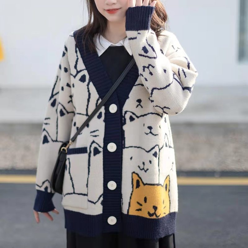 Japanese Style Cartoon Sweater Coat Women's Autumn and Winter New Loose Lazy Style Cute Knitted Cardigan Outer Top