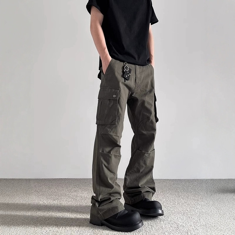 American Street Vibe Washed Multi-Pocket Flared Cargo Pants for Men Retro High Street Slim Fit Casual Long Pants