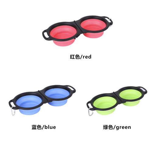 Cross-border rubber folding double bowl portable pet feeding bowl outdoor dog food bowl cat food bowl supplies wholesale