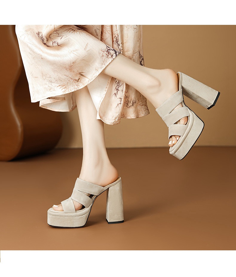 Sandal cao gót nữ hở mũi gót thô 12 cm đế dày phong cách La Mã — đen chi tiết 7