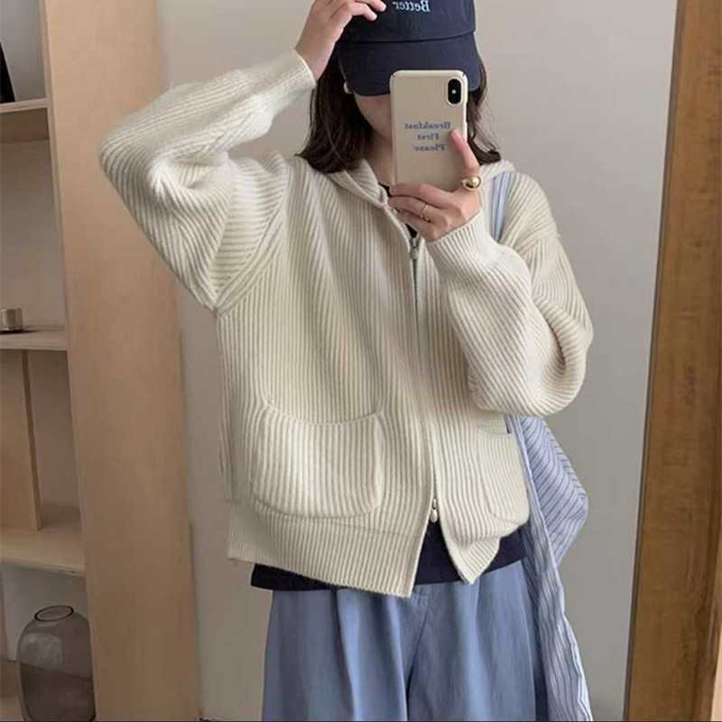 简约坑条双口袋连帽拉链毛衣外套女2025秋冬新款宽松软糯针织开衫|undefined