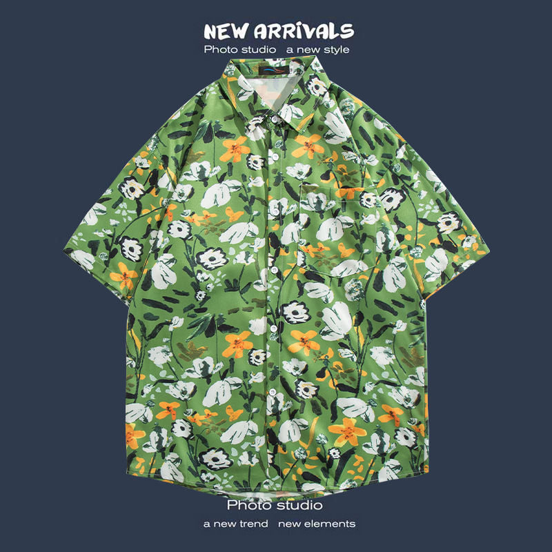 Camisa floral de manga corta Estilo de Hong Kong estilo retro de vetiver Estilo coreano moda guapo camisa de hombres y mujeres de moda y top de hadas