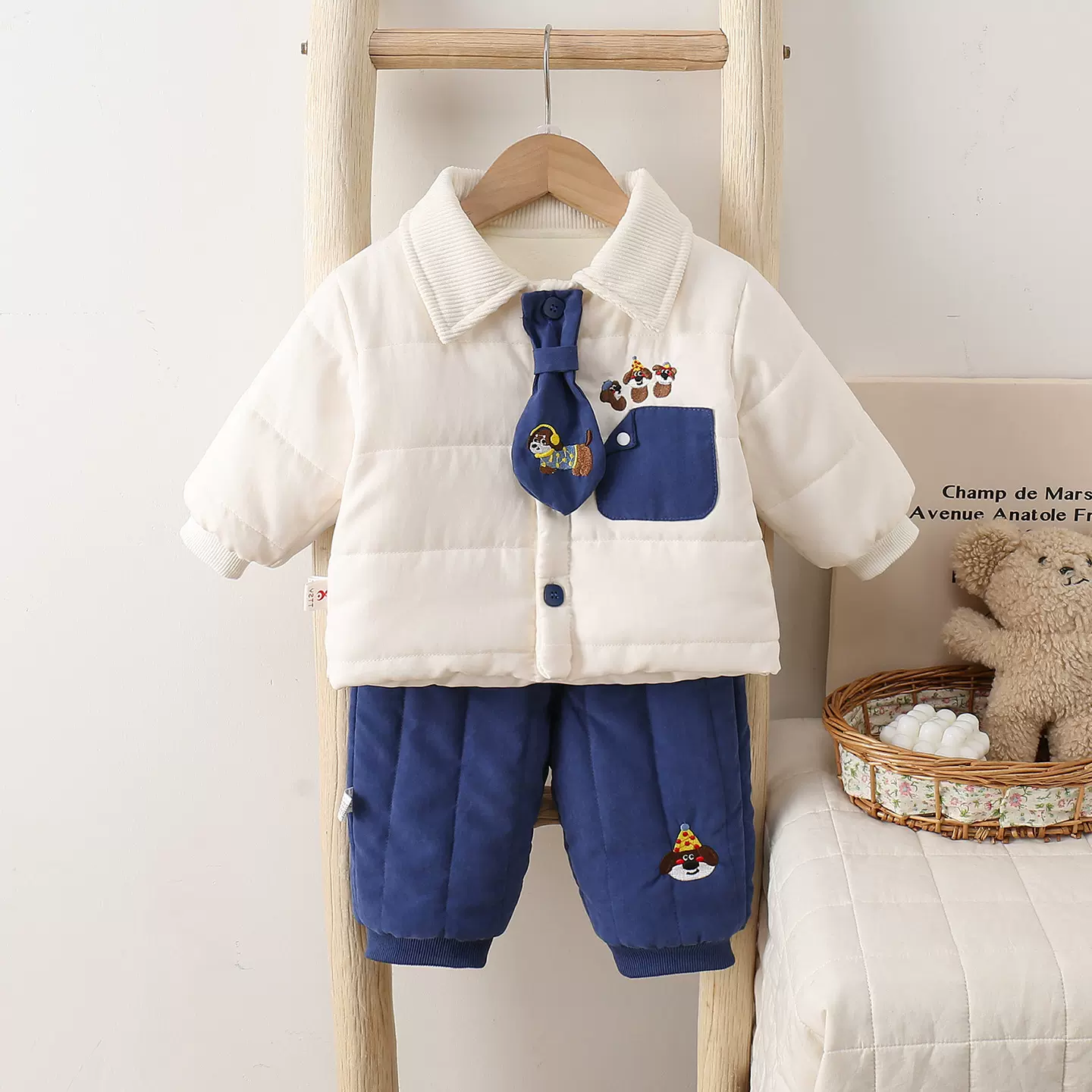 冬季婴儿外穿童套装加厚棉服男宝宝可爱卡通保暖分体套装衣服