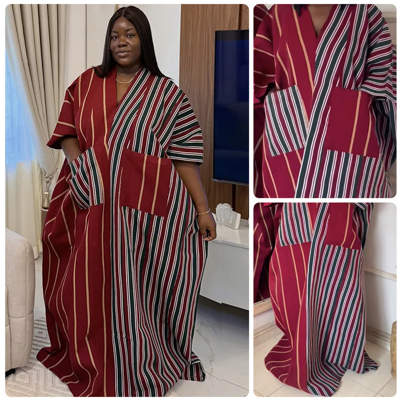 Cross-Border Loose Plus-Size Batwing Sleeve V-Neck Color-Blocked Robe Casual Retro Vacation Style Pocket Long Dress Cross-Border Loose Plus-Size Batwing Sleeve V-Neck Color-Blocked Robe Casual Retro Vacation Style Pocket Long Dress