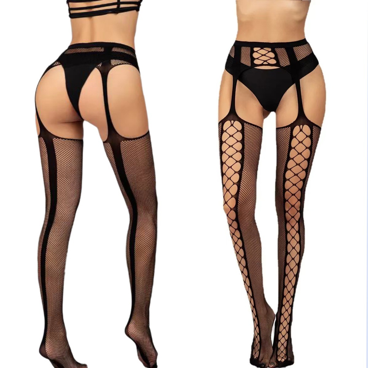 Medias sexys Yuedie, medias de rejilla sexys, medias largas y delgadas, medias con tirantes ajustadas, conjunto de medias negras seductoras con aberturas 9212