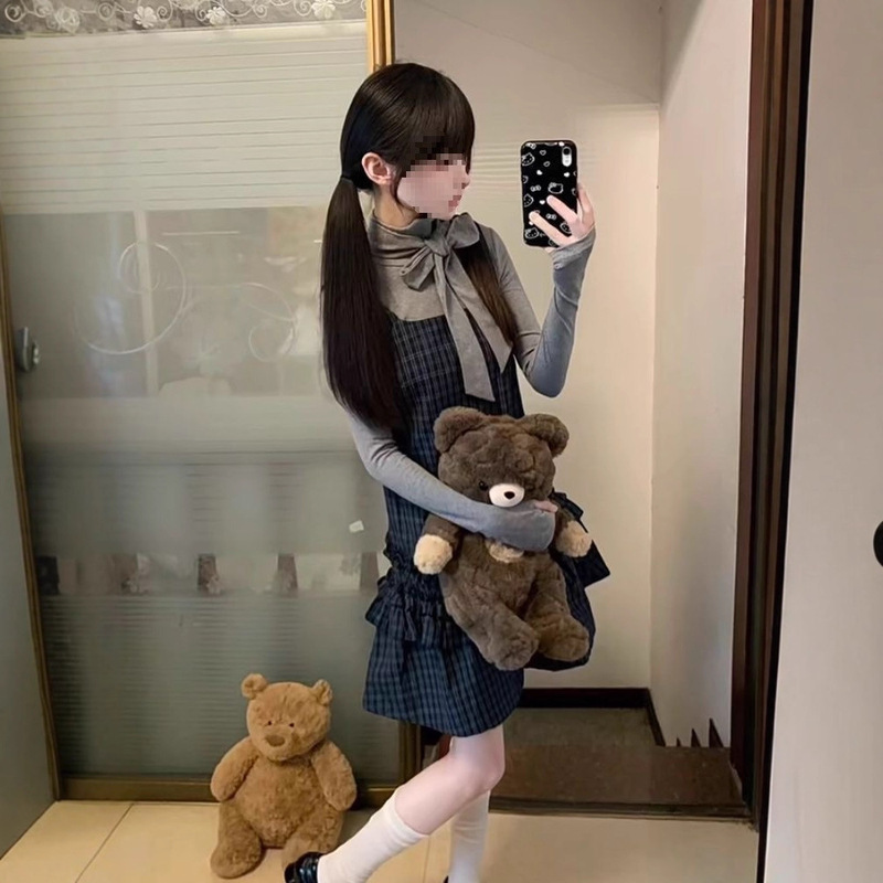 少女心事 秋装新款日系古早vintage设计蝴蝶结上衣格纹连衣裙套装|undefined