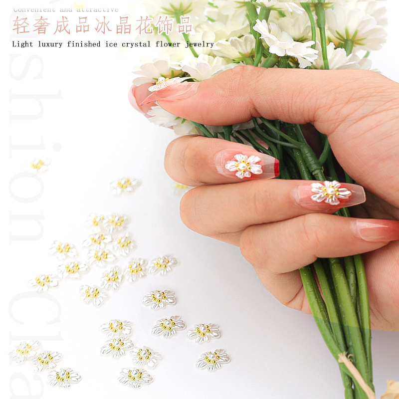Nuevos productos terminados flores de cristal de hielo joyas de taladro de uñas acrílico de acero blanco flores de perlas decoración de uñas
