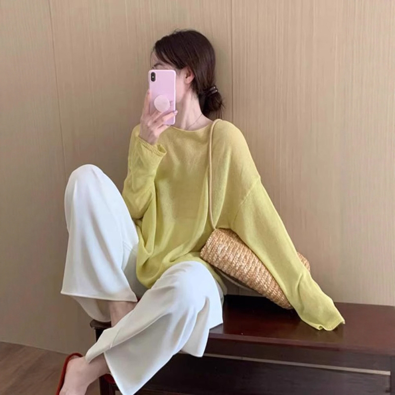 黄色轻薄微透防晒衣宽松罩衫长袖T恤女秋季新款休闲百搭上衣|undefined