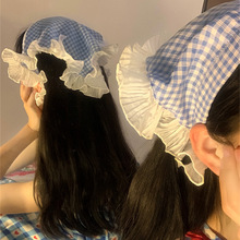 发箍款法式格子蕾丝花边三角巾女包头田园风发带高级感海边氛围感