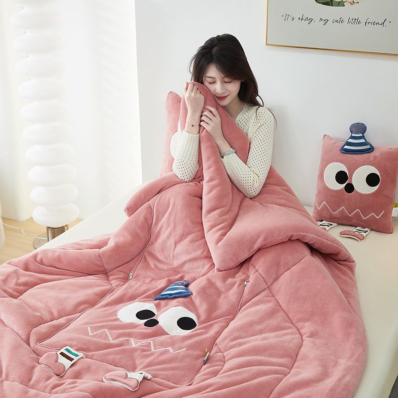 Winter cartoon plush throw blanket, thick and warm cow fur pillow cover, foldable office multi-functional nap blanket