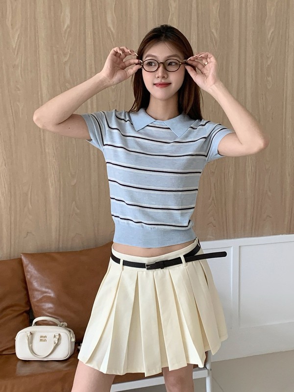 条纹Polo领针织衫女夏季韩版宽松拼接超高级短袖上衣|undefined